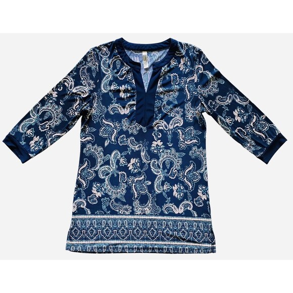 PerSeption Concept Tunic Blue Cream Paisley Print Top V Neck Size Medium - Picture 2 of 9